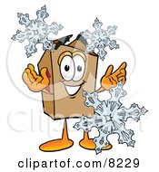 Clipart Picture Of A Cardboard Box Mascot Cartoon Character With Three Snowflakes In Winter