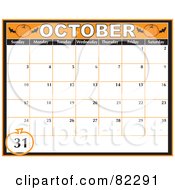 Poster, Art Print Of Orange October Halloween Calendar With A Pumpkin Around The 31st Day