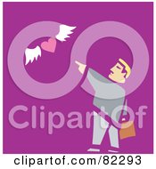 Poster, Art Print Of Businessman Pointing To A Flying Heart On Purple