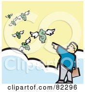 Businessman Standing On Clouds And Pointing At Flying Dollars