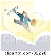 Businessman Running On Clouds And Reaching For Flying Dollars