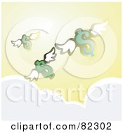 Royalty Free RF Clipart Illustration Of Winged Dollar Symbols Flying Above The Clouds In A Yellow Sky
