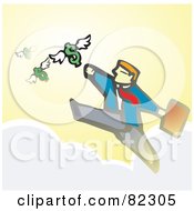 Businessman Walking On Clouds And Reaching For Flying Dollars