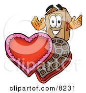 Cardboard Box Mascot Cartoon Character With An Open Box Of Valentines Day Chocolate Candies