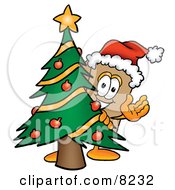 Poster, Art Print Of Cardboard Box Mascot Cartoon Character Waving And Standing By A Decorated Christmas Tree