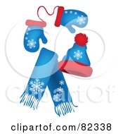 Poster, Art Print Of Set Of Blue And Red Winter Mittens A Hat And Scarf With Snowflake Patterns