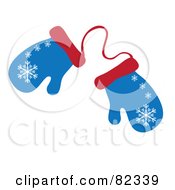 Pair Of Blue And Red Winter Mittens With Snowflake Patterns