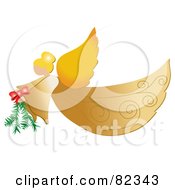 Poster, Art Print Of Golden Christmas Flying Angel Carrying A Pine Bough