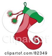 Poster, Art Print Of Red And Green Christmas Elf Stocking With Green Puffs