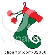 Poster, Art Print Of Red And Green Christmas Elf Stocking With Red Puffs