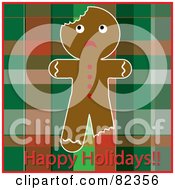 Poster, Art Print Of Scared Bitten Gingerbread Man On A Plaid Background With Happy Holidays Text