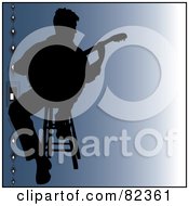Poster, Art Print Of Black Silhouetted Male Guitarist Sitting On A Stool Over Gradient Blue With Beads On The Left