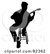 Poster, Art Print Of Black Silhouetted Male Guitarist Sitting On A Stool