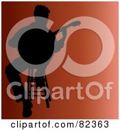 Poster, Art Print Of Black Silhouetted Male Guitarist Sitting On A Stool Over Gradient Orange