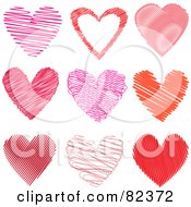 Royalty Free RF Clipart Illustration Of A Digital Collage Of Nine Scribble Hearts In Pink And Red