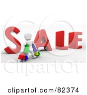 Poster, Art Print Of 3d White Character Standing With Colorful Shopping Bags In Front Of Sale