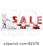 Poster, Art Print Of 3d White Character Pushing A Shopping Cart Past Discounts In Front Of Sale