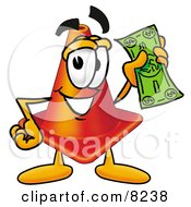 Traffic Cone Mascot Cartoon Character Holding A Dollar Bill