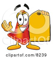 Traffic Cone Mascot Cartoon Character Holding A Yellow Sales Price Tag
