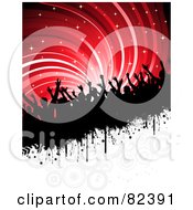 Royalty Free RF Clipart Illustration Of A Slanted Bar Of Silhouetted People Under Sparkly Red Swirls Above White With Circles
