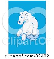 Sad Cartoon Polar Bear Sitting On A Small Melting Sheet Of Ice In Blue Water