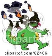 Cartoon Burning Green Dragon With His Tips On Fire