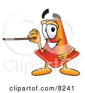 Clipart Picture Of A Traffic Cone Mascot Cartoon Character Holding A Pointer Stick by Toons4Biz