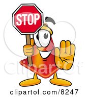Traffic Cone Mascot Cartoon Character Holding A Stop Sign