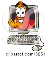 Poster, Art Print Of Traffic Cone Mascot Cartoon Character Waving From Inside A Computer Screen