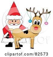 Poster, Art Print Of Santa Standing And Petting Rudolph Baubles On His Antlers