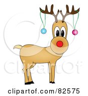 Poster, Art Print Of Rudolph The Reindeer With Two Baubles Hanging From His Antlers