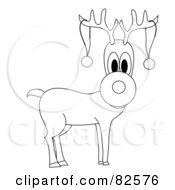 Poster, Art Print Of Black And White Outline Of Rudolph The Reindeer With Two Baubles On His Antlers
