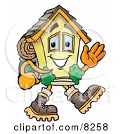 House Mascot Cartoon Character Hiking And Carrying A Backpack