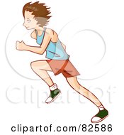 Royalty Free RF Clipart Illustration Of A Profile Of A Running Boy In A Blue Shirt Orange Shorts And Green Shoes by Bad Apples