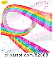 Royalty Free RF Clipart Illustration Of A Grungy Rainbow Swoosh Background With Splatters And Halftone On White
