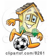 House Mascot Cartoon Character Kicking A Soccer Ball