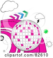 Poster, Art Print Of Doodled Disco Ball With Forward Arrows Clouds Bursts And Pink Waves