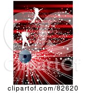 Poster, Art Print Of Red Burst Background Of White Jumping Girls With Stars Over A Speaker