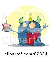 Poster, Art Print Of Happy Blue Birthday Monster Wearing A Party Hat And Holding A Slice Of Cake