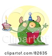 Poster, Art Print Of Happy Green Birthday Monster Wearing A Party Hat And Holding A Slice Of Cake