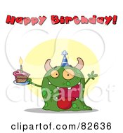 Poster, Art Print Of Happy Birthday Text Above A Green Birthday Monster Wearing A Hat And Holding Cake