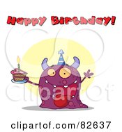 Poster, Art Print Of Happy Birthday Text Above A Purple Birthday Monster Wearing A Hat And Holding Cake