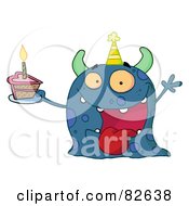 Poster, Art Print Of Spotted Blue Birthday Monster Wearing A Party Hat And Holding A Slice Of Cake