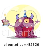 Poster, Art Print Of Happy Purple Birthday Monster Wearing A Party Hat And Holding A Slice Of Cake