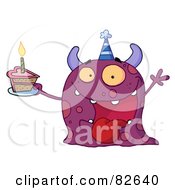 Poster, Art Print Of Spotted Purple Birthday Monster Wearing A Party Hat And Holding A Slice Of Cake