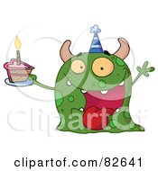 Poster, Art Print Of Spotted Green Birthday Monster Wearing A Party Hat And Holding A Slice Of Cake