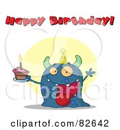 Poster, Art Print Of Happy Birthday Text Above A Blue Birthday Monster Wearing A Hat And Holding Cake