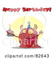 Royalty Free RF Clipart Illustration Of A Happy Birthday Text Above A Pink Birthday Monster Wearing A Hat And Holding Cake