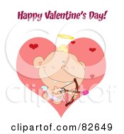 Royalty Free RF Clipart Illustration Of A Happy Valentines Day Greeting Over A Baby Cupid Shooting Arrows Over Big And Small Hearts