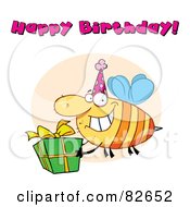 Poster, Art Print Of Happy Birthday Text Above A Bee Wearing A Party Hat And Carrying A Present